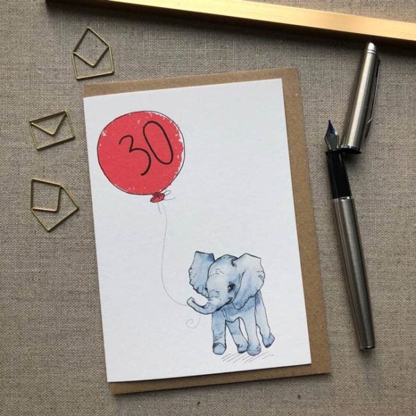 Personalised Baby Elephant Balloon Birthday Card age 30