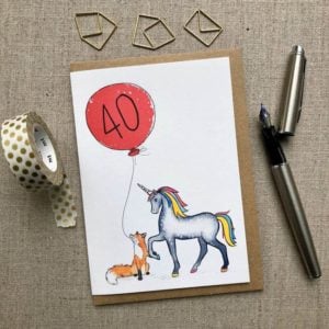 Personalised Unicorn and Unicorn and Fox Balloon Birthday Card age 40