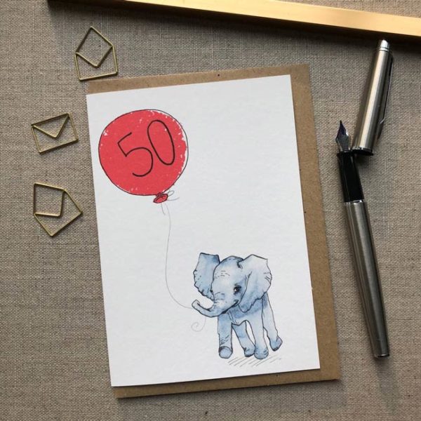 Personalised Baby Elephant Balloon Birthday Card age 50